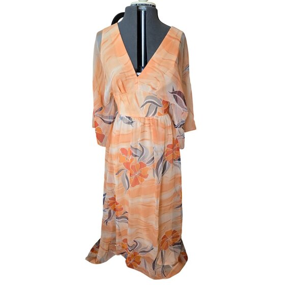 Vintage Edith Flagg Maxi Dress - Orange Floral Chiffon Kaftan Style - Size Small - Picture 2 of 9